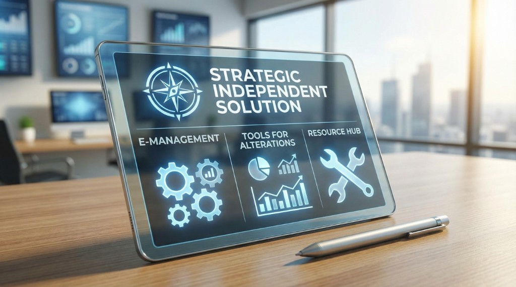 Tablet on a desk displaying strategic solutions, e-management, tools, and resource hub UI